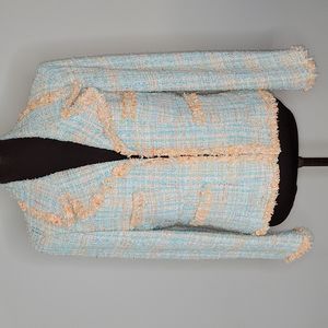 Serena Kay French Orange & Blue Tweed Fringe Blazer, Size 44 / US L / XL
